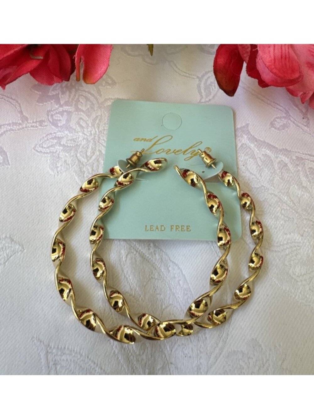 Lovely Big 2.35" Shiny Gold Twisted Hoop Earrings Lead Free NEW